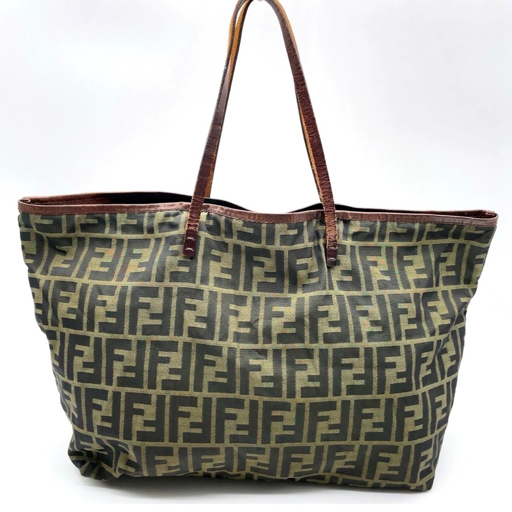 Authentic Fendi Zucca Nylon Leather Khaki Tote Bag W/Pouch - Picture 2 of 16